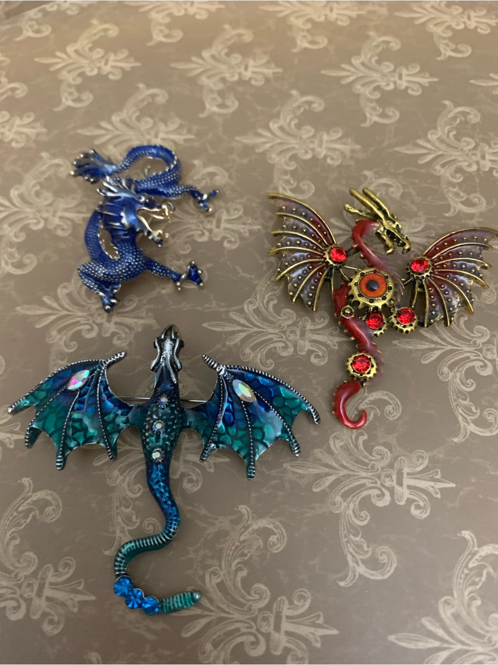 Decorative Dragon Brooch Set - Blue, Teal & Red
